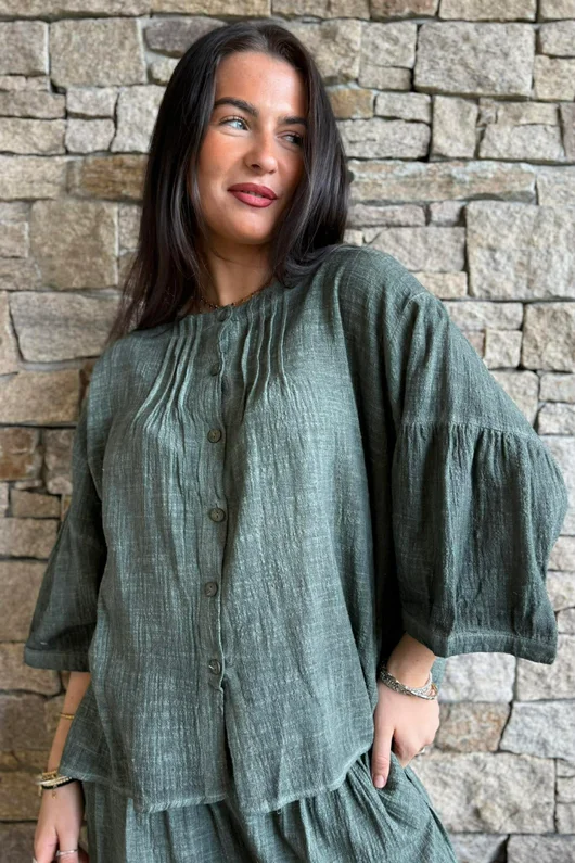 Loom & Thread Pin Tuck Blouse Washed Moss /40=